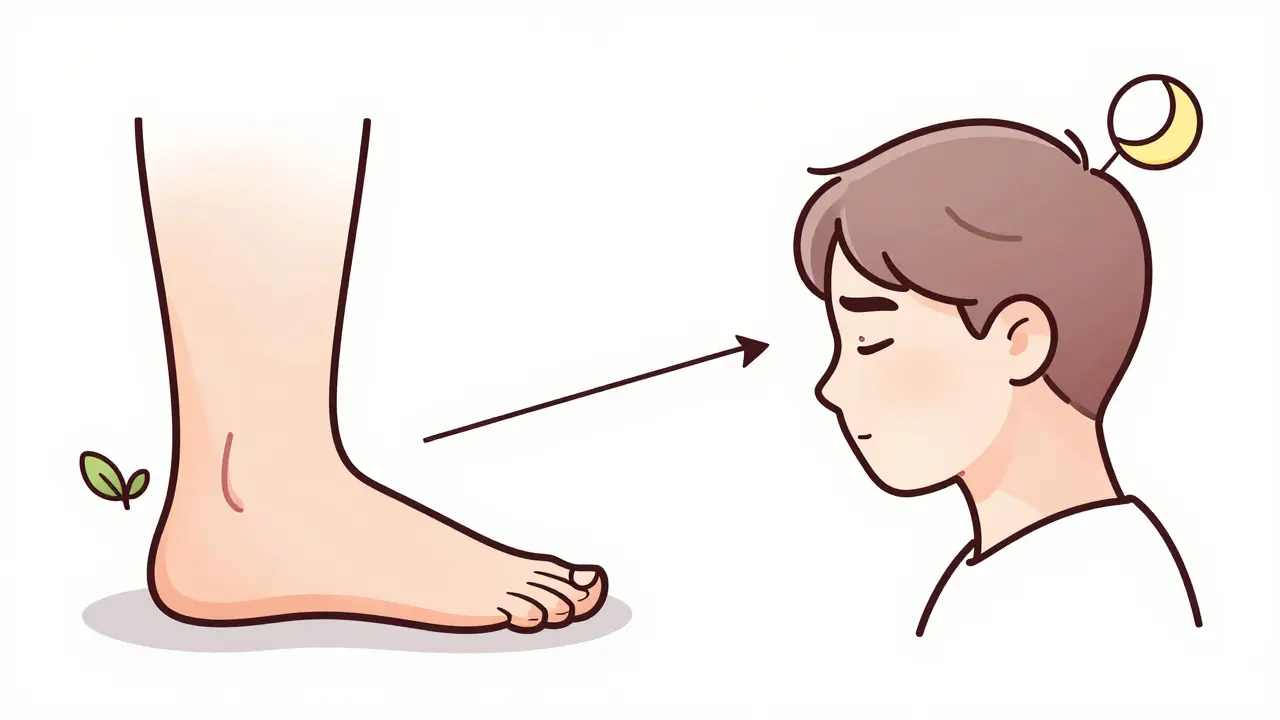 Person with swollen ankle and headache, each treated by a different pain reliever.