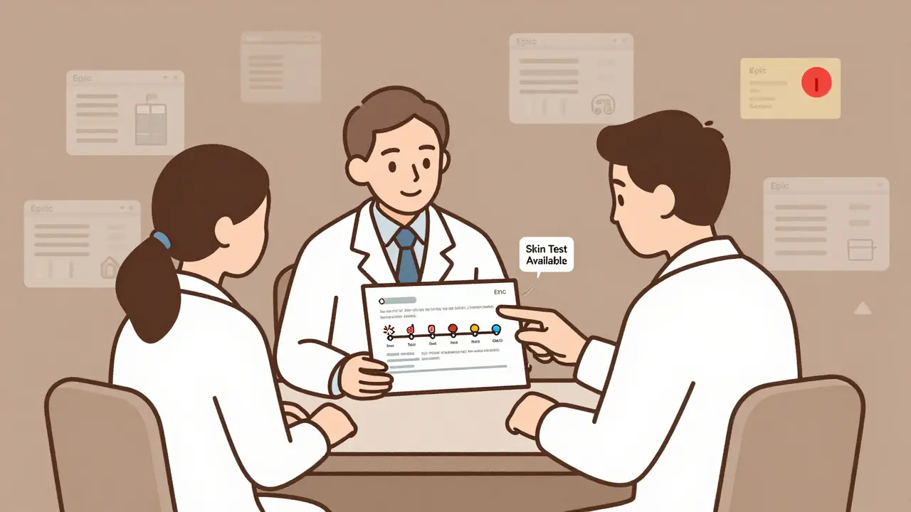 Pharmacist and patient reviewing detailed allergy history with skin test option highlighted