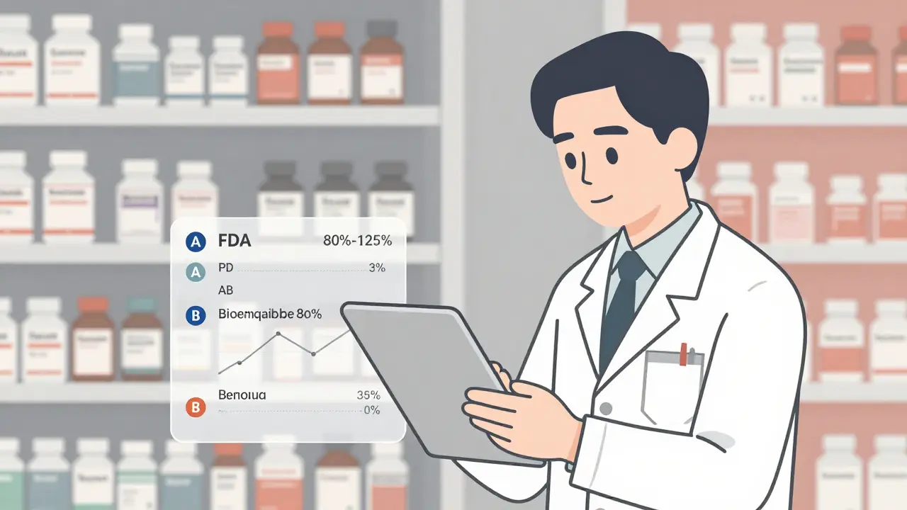 Pharmacist checking FDA Orange Book app with bioequivalence data overlay.