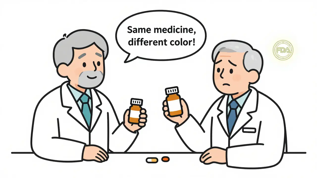 Pharmacist reassuring an elderly patient that two differently shaped pills contain the same medicine.