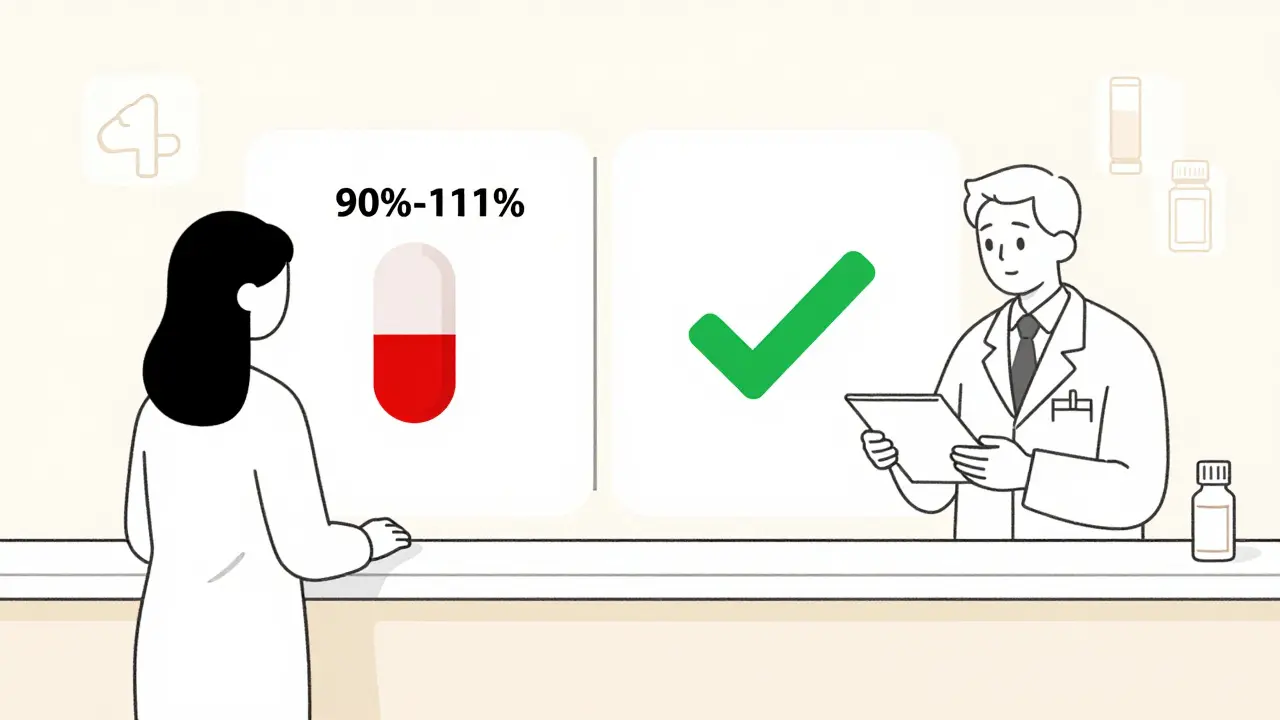 Pharmacist verifying narrow therapeutic index drug substitution with double-check.