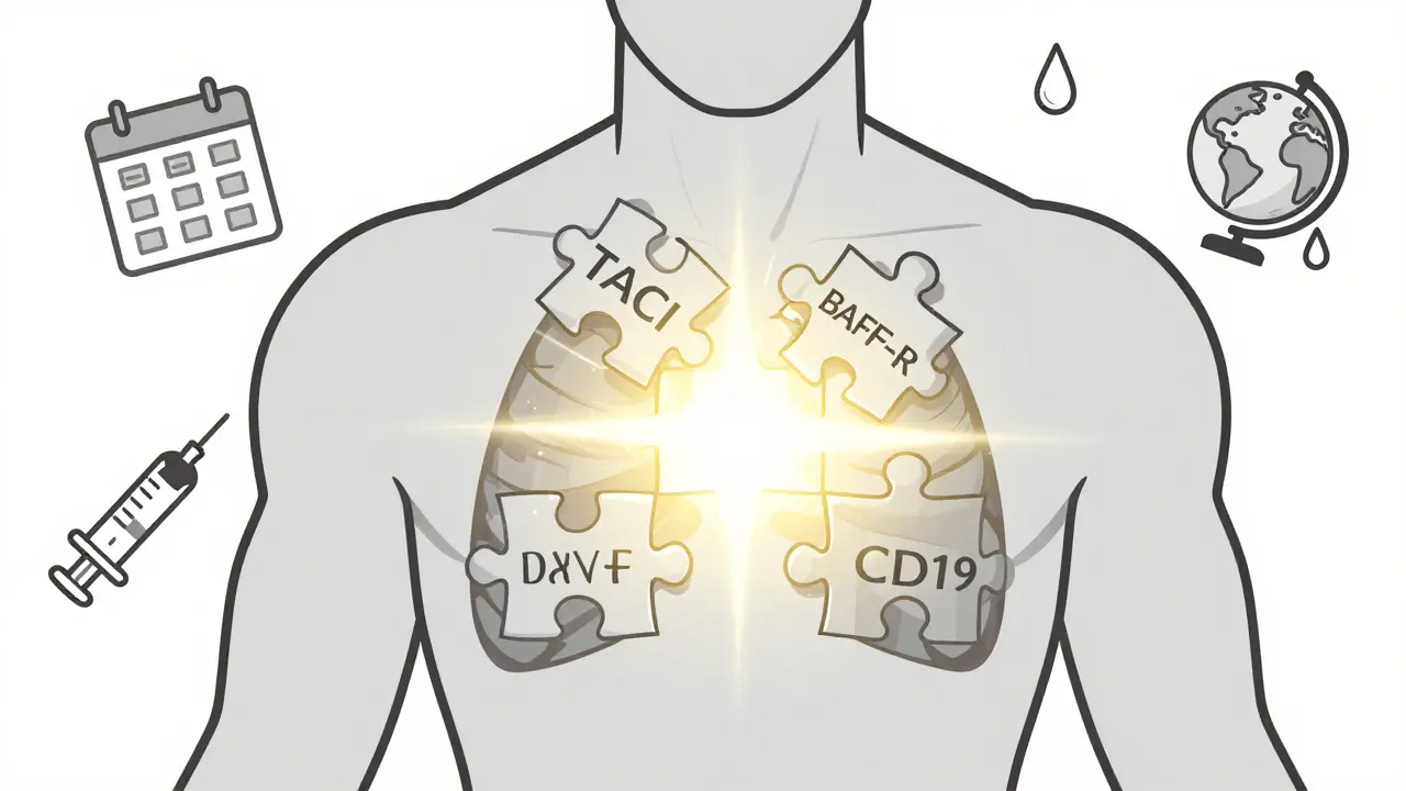 Puzzle pieces forming a genetic solution inside a human chest, with medical symbols around it.