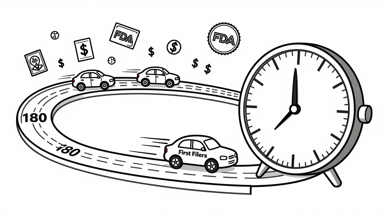 Race track clock showing first generic drug filer ahead with 180-day exclusivity finish line and 30-month timer.