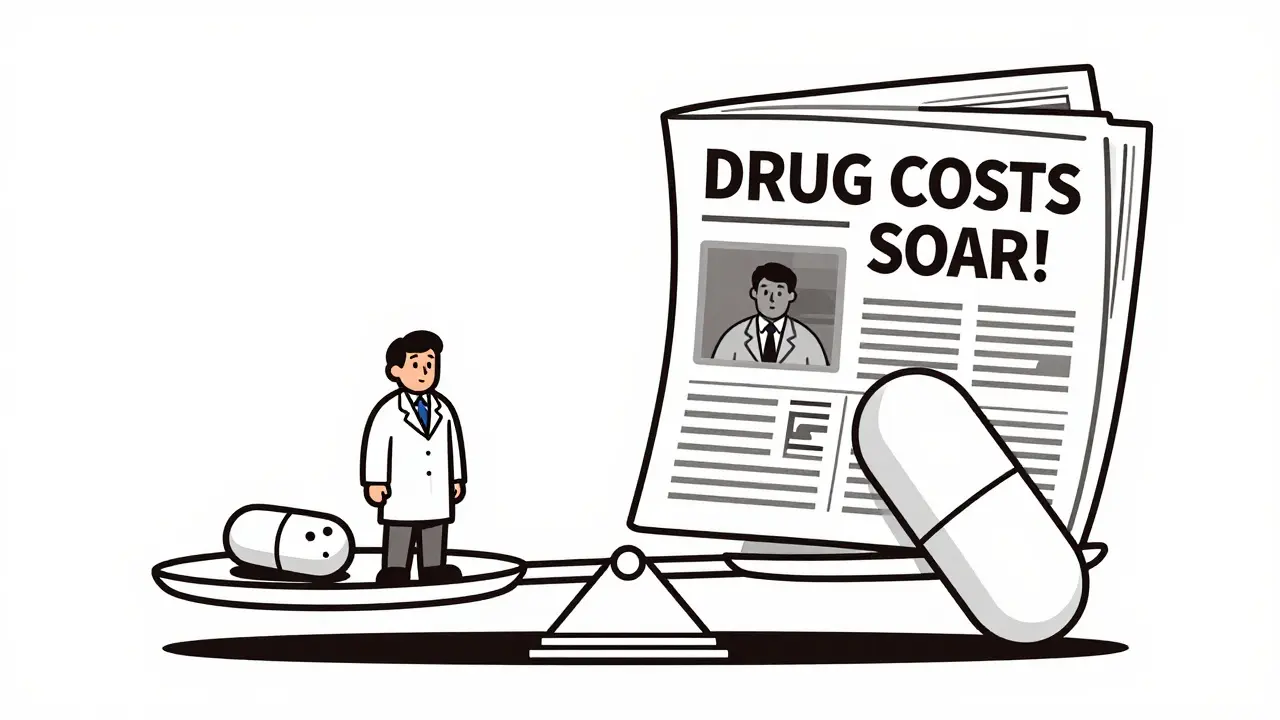 Scale balancing generic and brand-name pills, with doctor and pharmacist supporting the generic side.