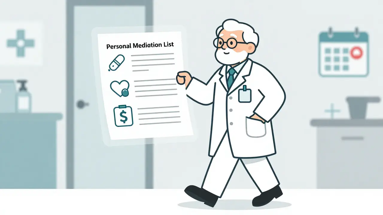 Senior holding medication list entering doctor's office with health icons floating nearby.