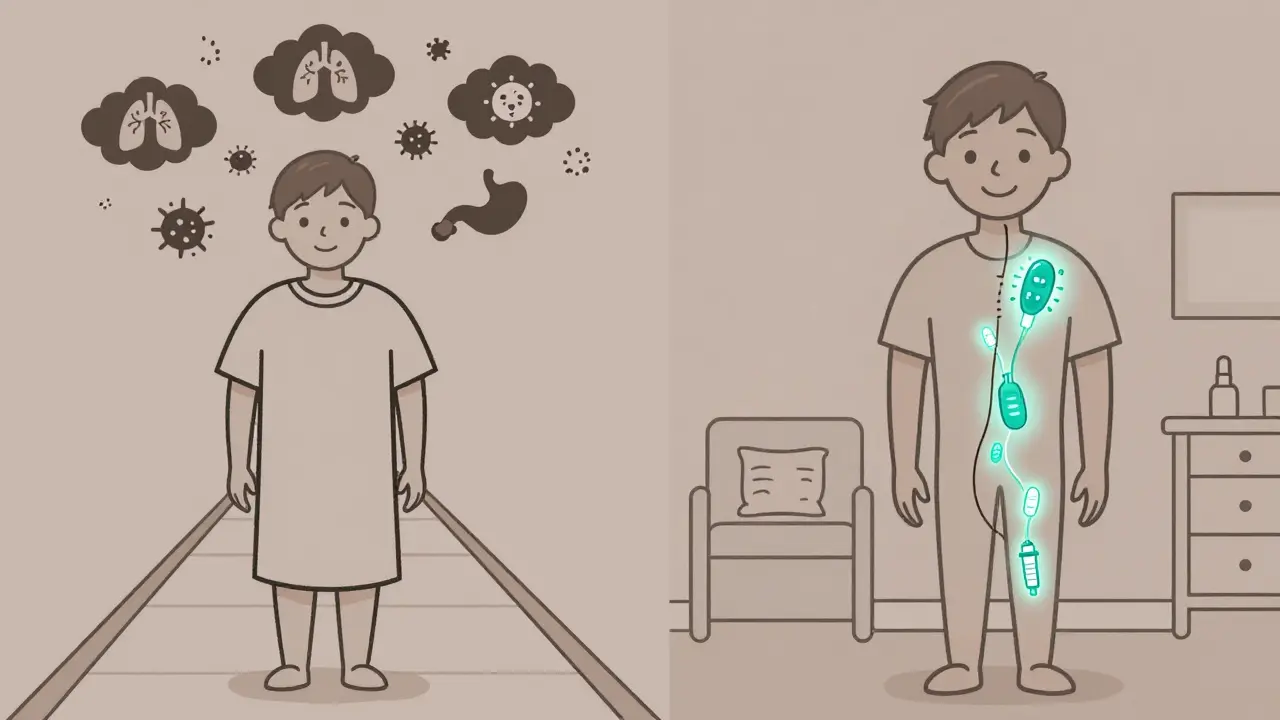 Side-by-side comparison of infection burden vs. home immunotherapy with glowing antibodies.