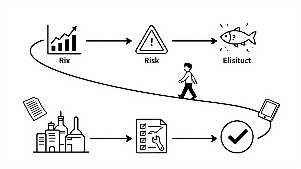 Six-step corrective action process illustrated as a path through a factory with icons for each stage.
