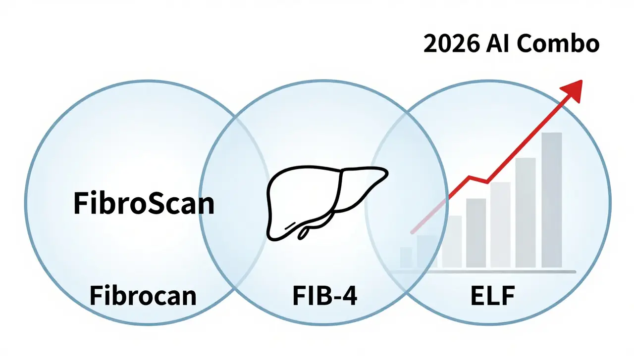 Three diagnostic tests overlap around a liver icon, with a biopsy needle crossed out and a future AI combo arrow above.