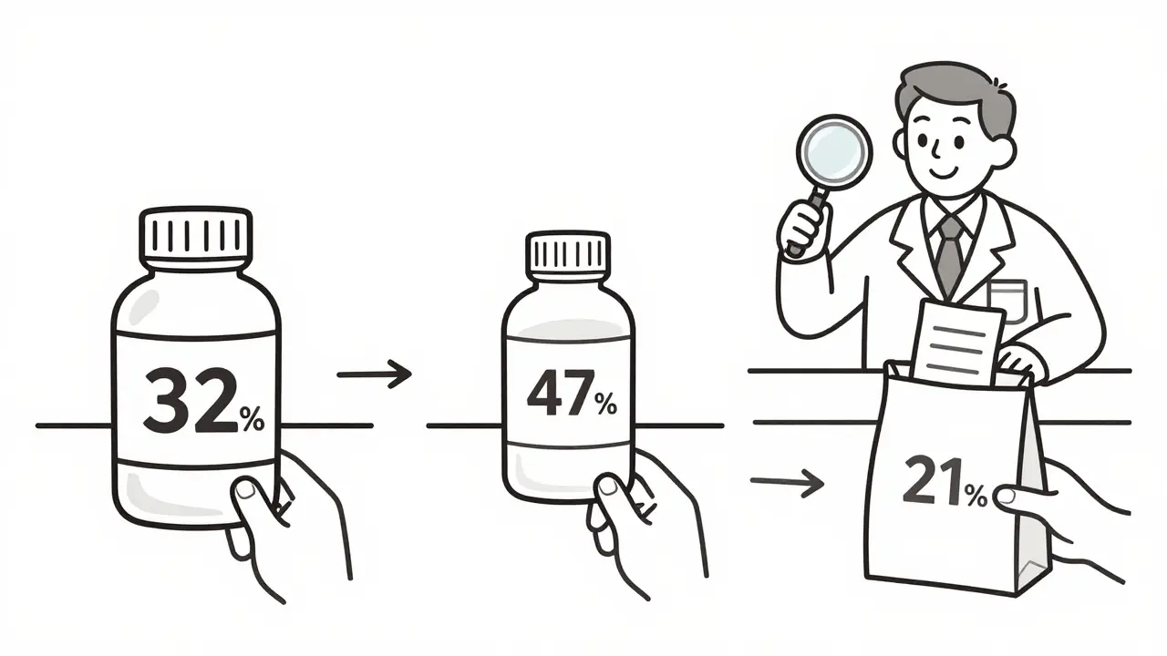Three locations of prescription instructions: bottle label, sticker, and paper insert shown at pharmacy counter.