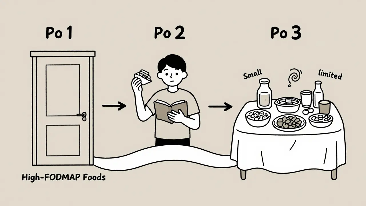Three-phase FODMAP diet journey illustrated as a path with stages of elimination, testing, and personalization.