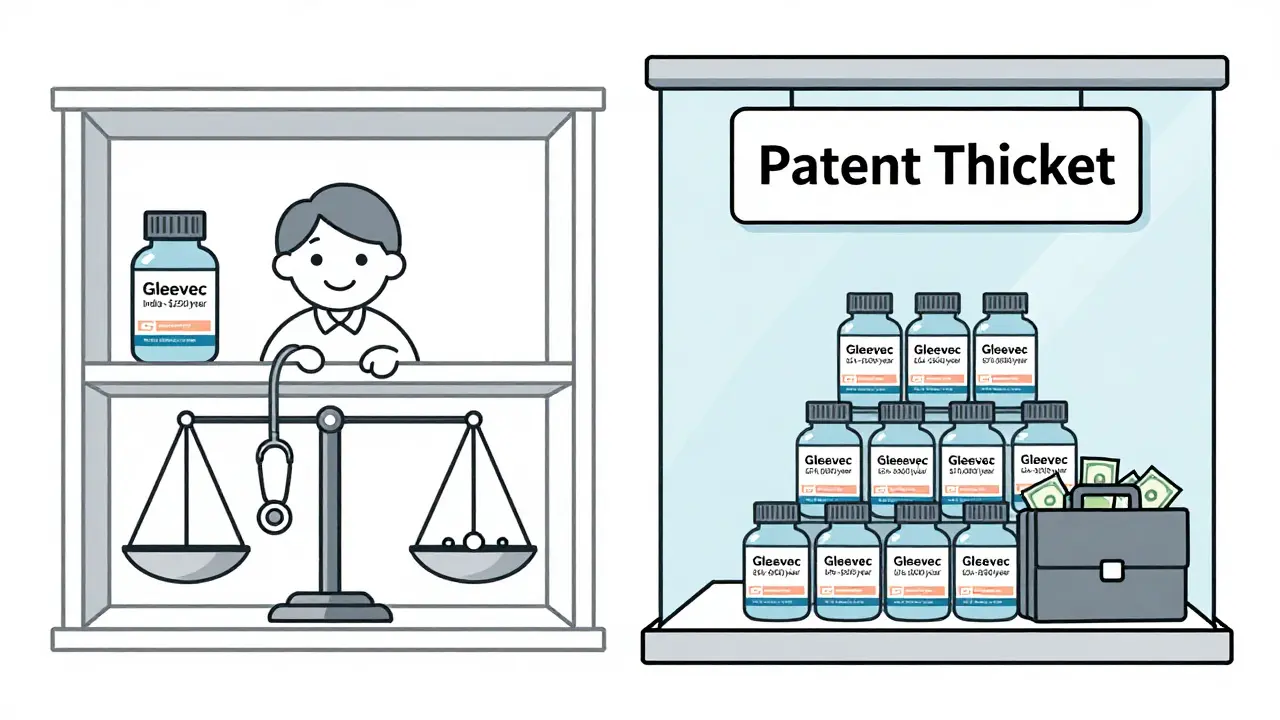 Two pharmacy shelves: affordable Gleevec in India vs. expensive version in U.S., symbolizing patent disparity.