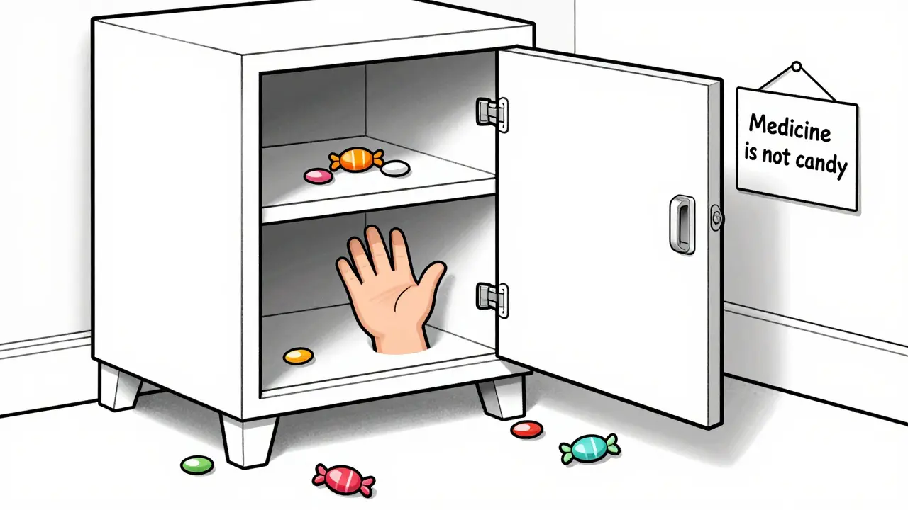 A child's hand reaches toward a locked medicine cabinet while colorful pills lie on the floor nearby.