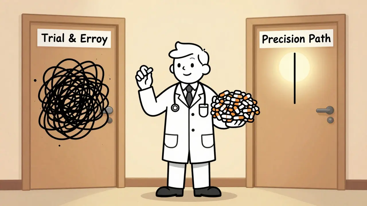 A doctor holding one pill versus a large pile of pills, showing the choice between simplicity and chaos.