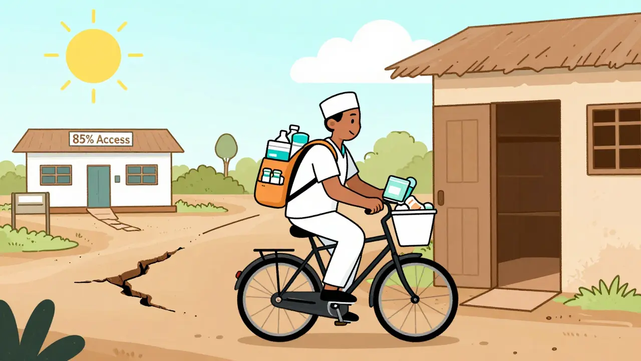 A health worker delivers generic drugs by bike to villagers in Rwanda, with a clinic showing 85% access.