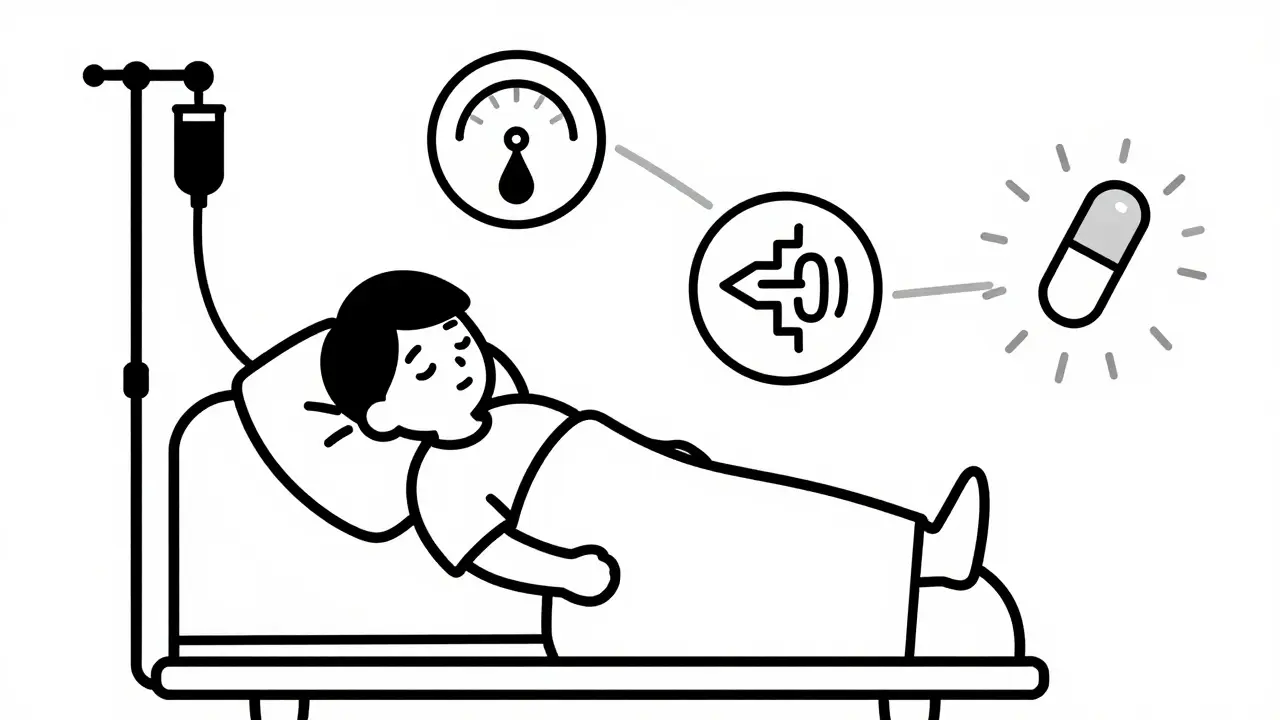 A hospital patient with floating danger and safety icons connected by thin lines in monoline illustration.