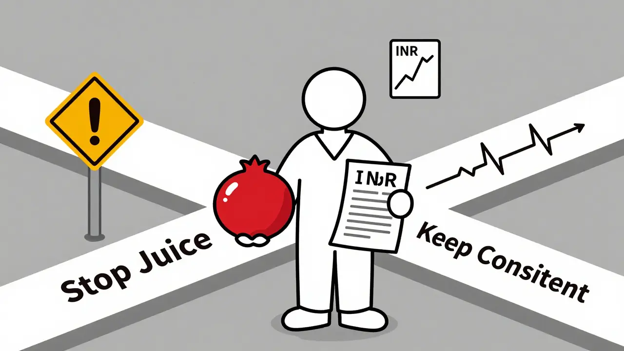 A person at a crossroads choosing between stopping or maintaining pomegranate juice intake.