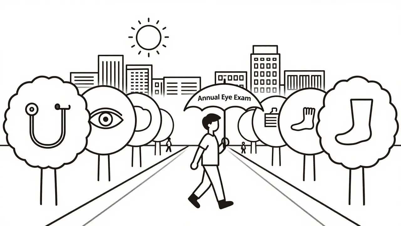 A person walking on a path lined with medical symbol trees, holding an umbrella labeled 'Annual Eye Exam'.