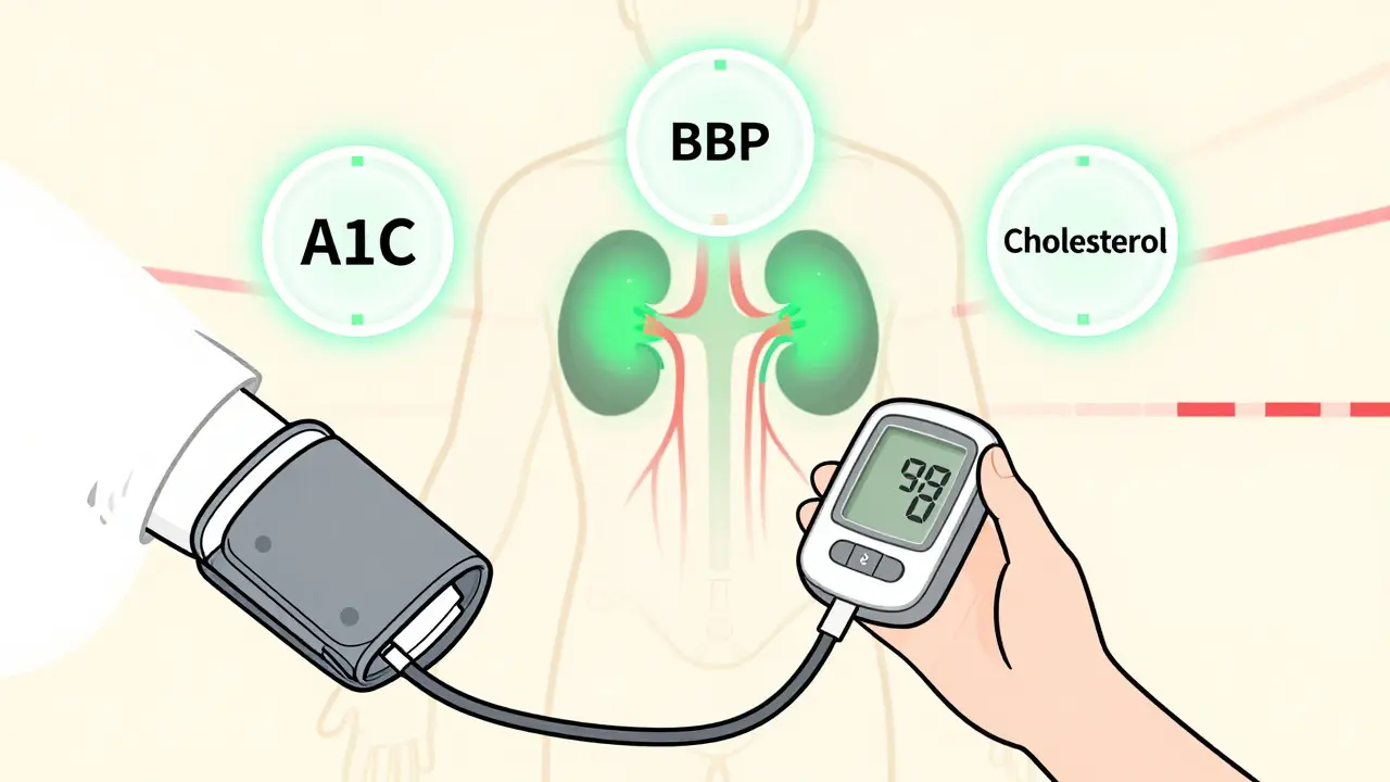 A person with glowing protective shields for A1C, blood pressure, and cholesterol, showing healthy organs.