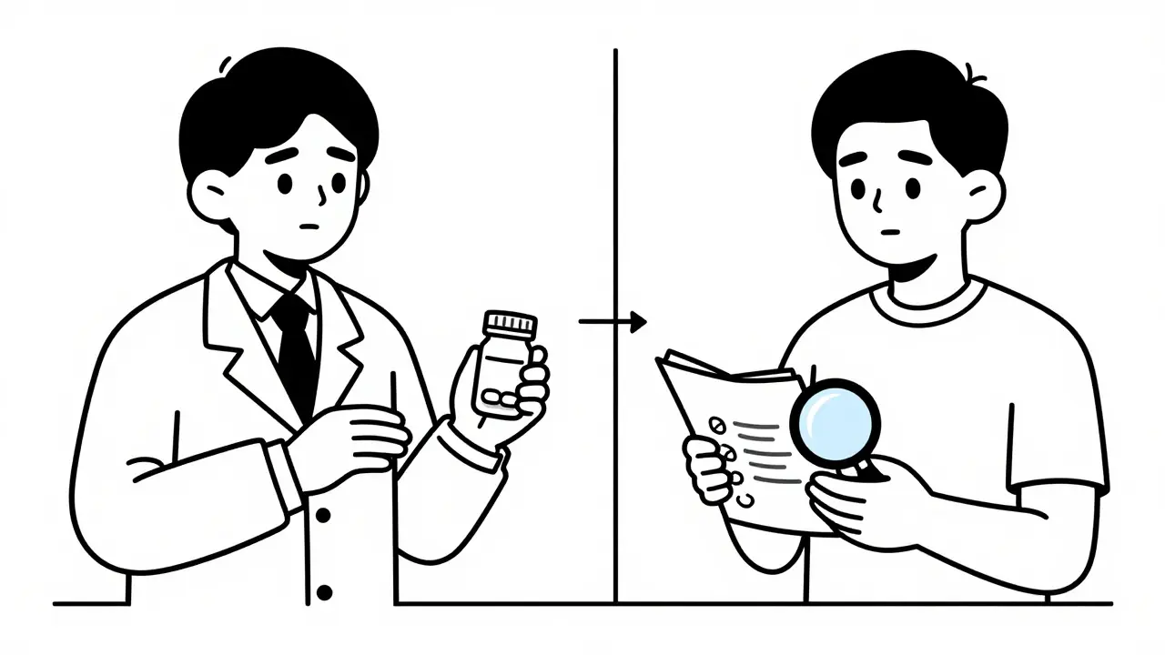 A pharmacist handing a pill bottle while the patient records symptoms in a journal, showing the link between medication changes and personal response.