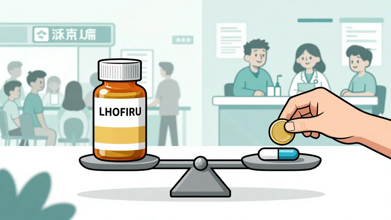 A scale balances branded and generic drugs, with a child tipping it toward affordability and health.