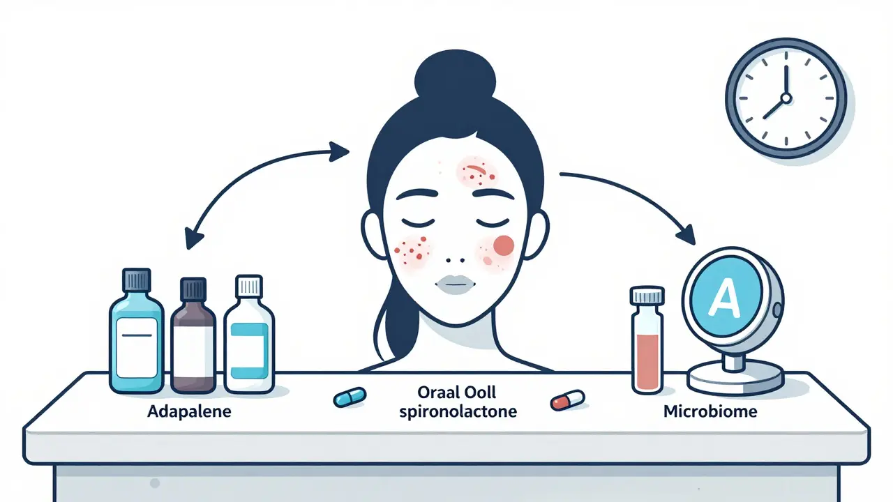 Acne treatments on a counter with topical, oral, and future therapies connected to a face.