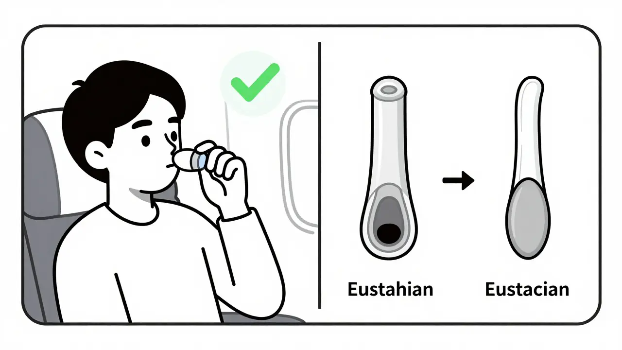 Adult using Otovent balloon device to relieve ear pressure while flying.
