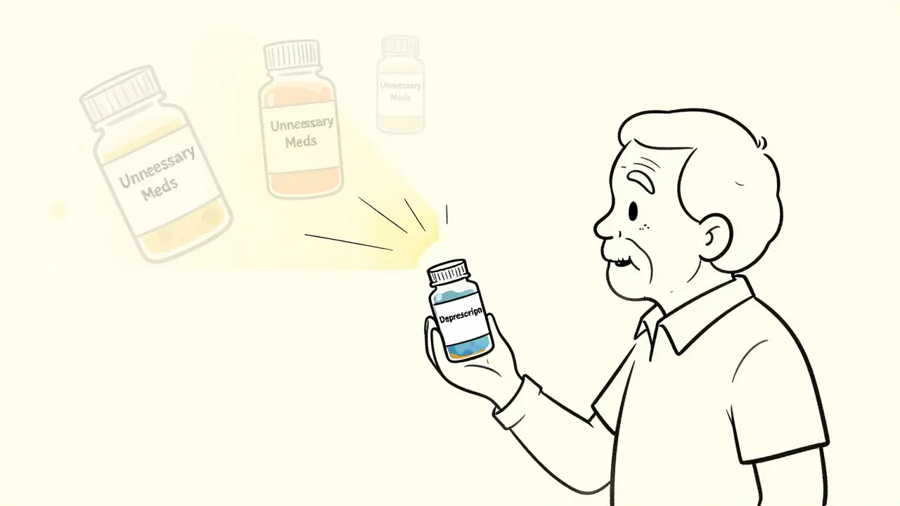 An elderly person holding a small pill as light shines down, representing safe medication reduction.