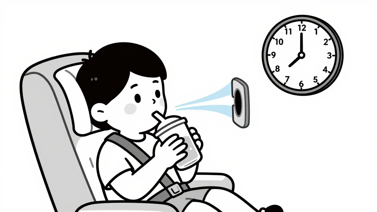 Child drinking from a sippy cup on an airplane, with visual representation of Eustachian tube opening.