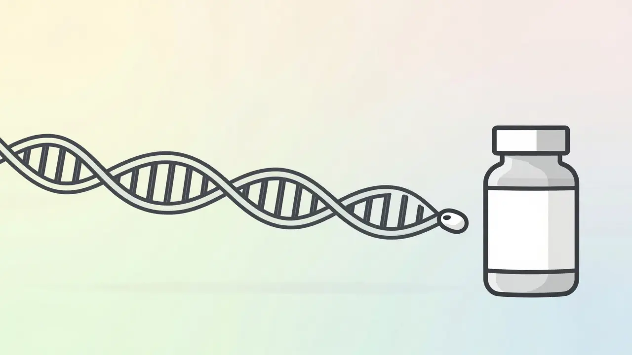 DNA strand connected to pill bottle for genetic treatment.