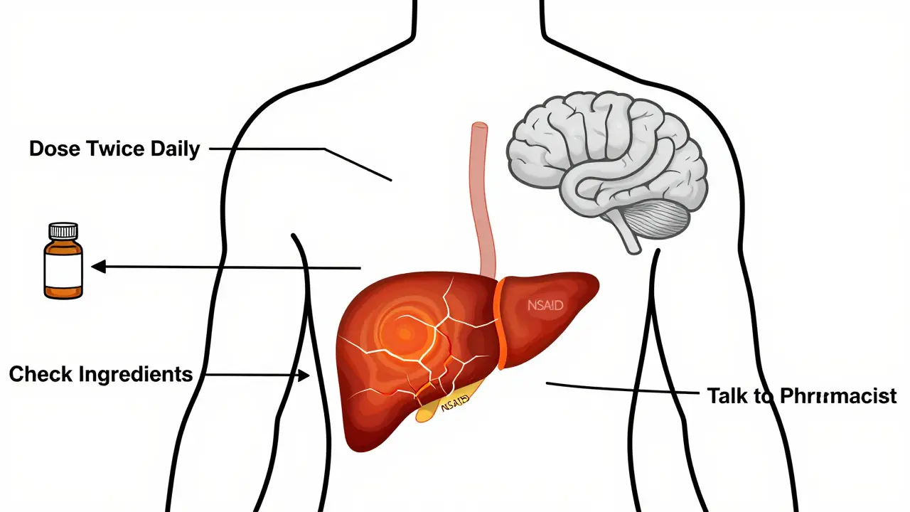Human torso showing how NSAIDs, acetaminophen, and antihistamines affect stomach, liver, and brain.