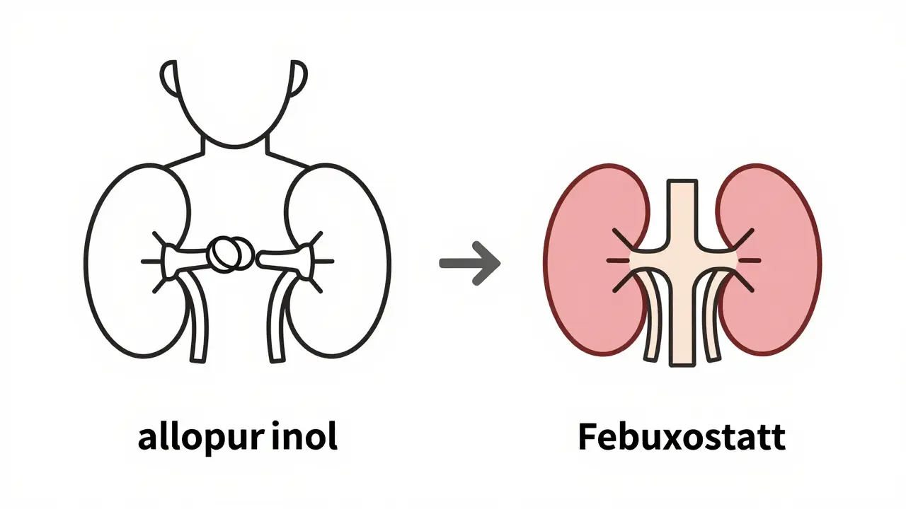 Person taking allopurinol, another with kidney symbol taking febuxostat.