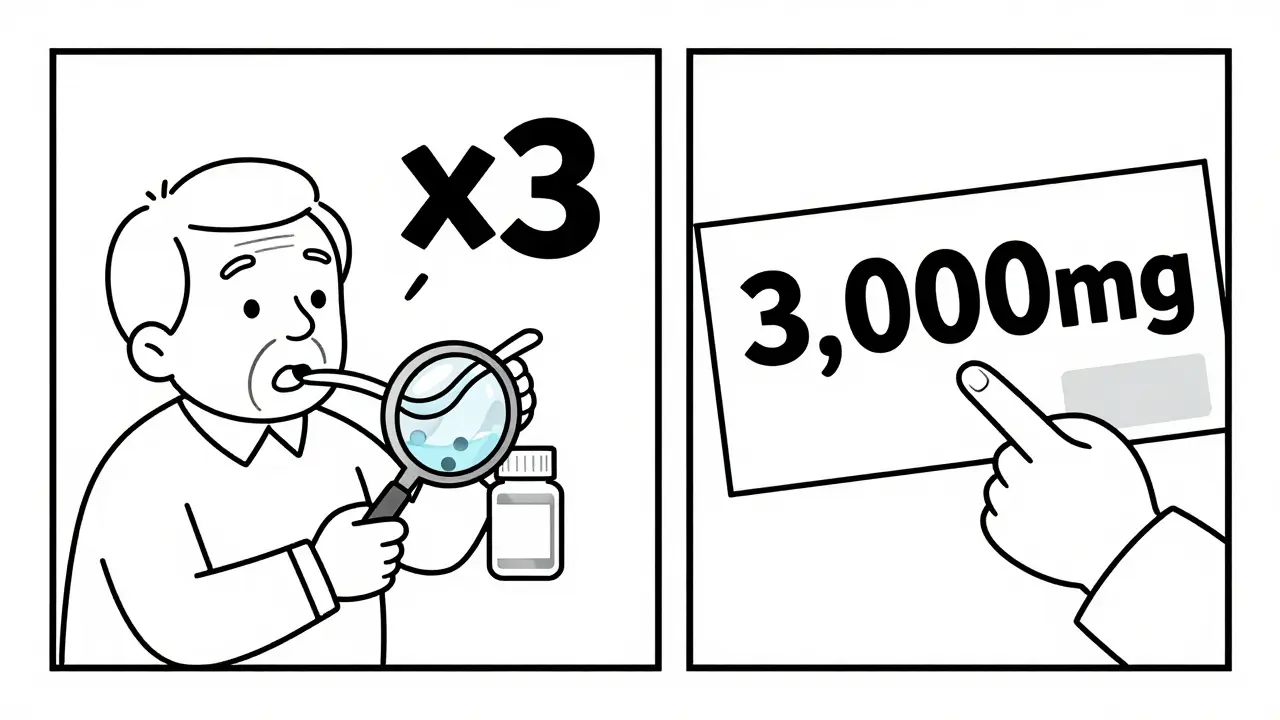 Senior using spoon to measure liquid medicine while pharmacist explains dosage on label.