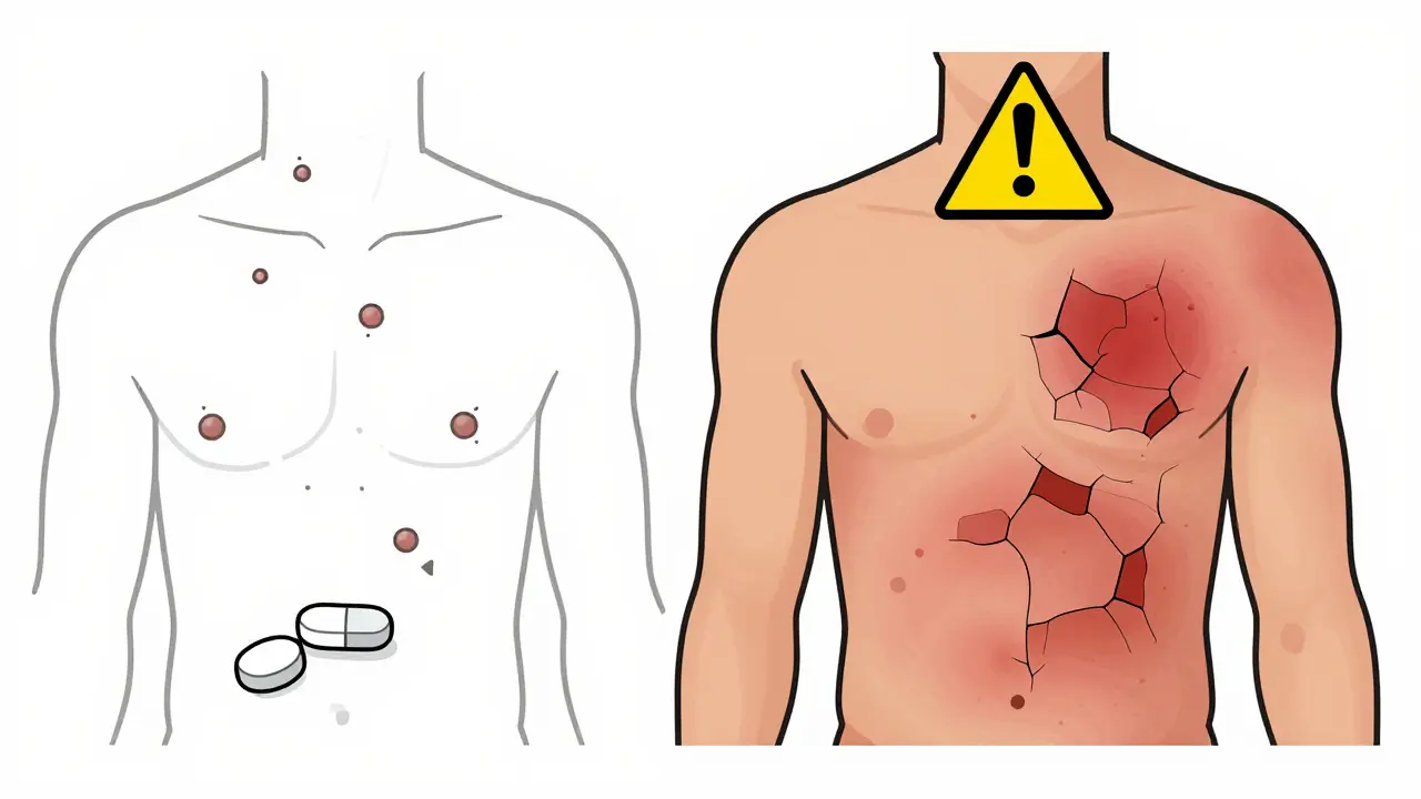 Split illustration: fading hives on one side, severe peeling skin rash on the other with warning symbol.