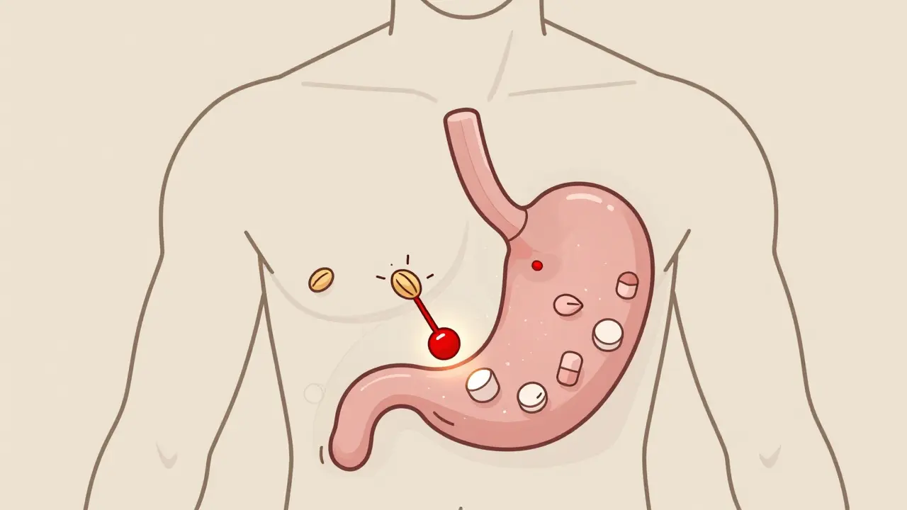 Transparent human body with pill dissolving, showing unexpected protein interactions.