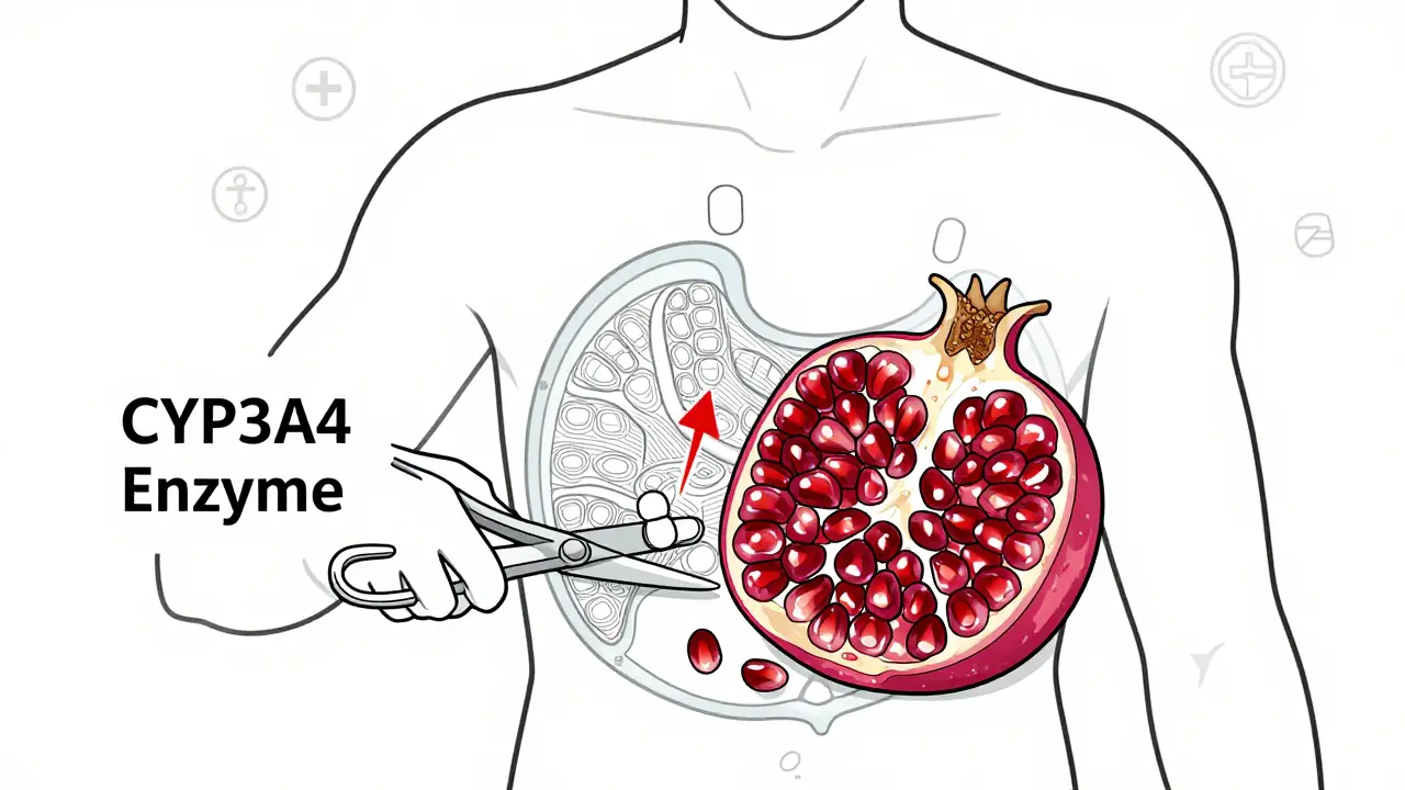 Transparent human torso showing enzymes blocked by pomegranate components, increasing drug levels.