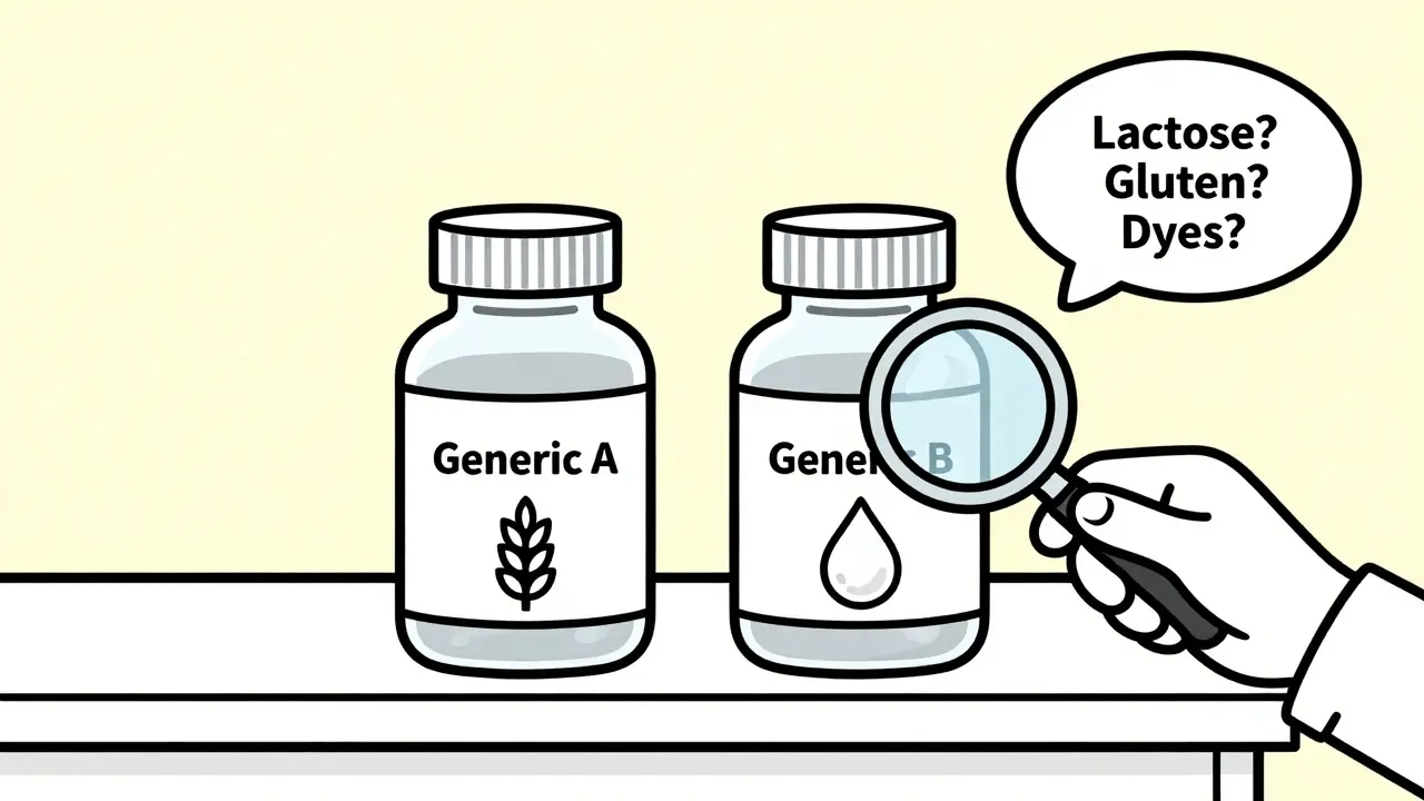 Two generic pill bottles with hidden ingredients, viewed through a magnifying glass.