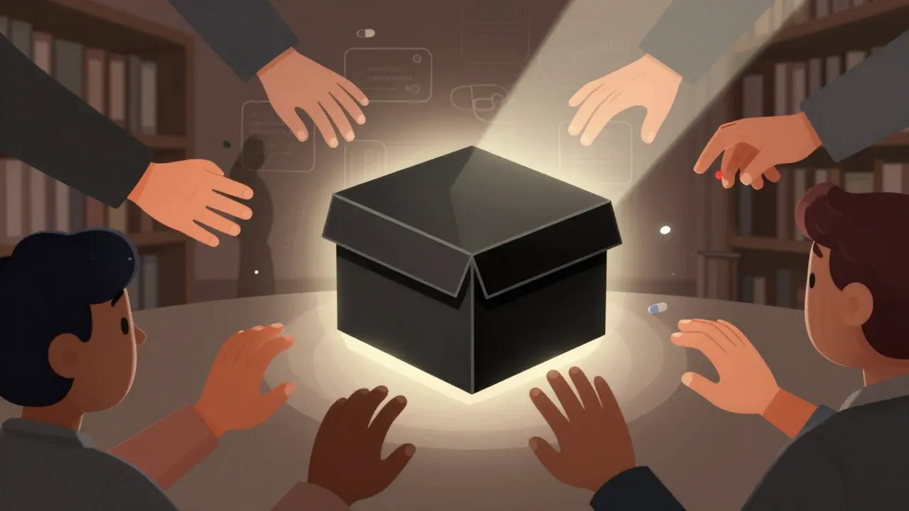Glowing black box with diverse hands reaching toward it, symbolizing awareness and understanding of drug risks.