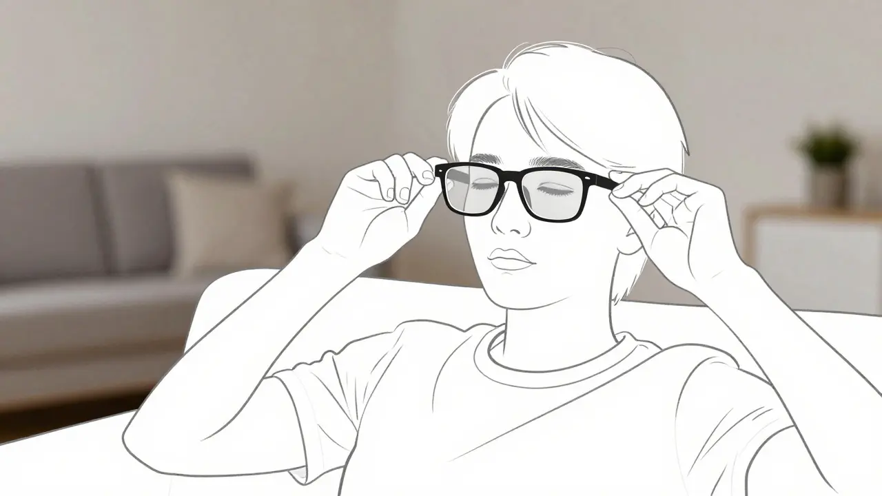 Individual wearing tinted glasses comfortably in a softly lit room.