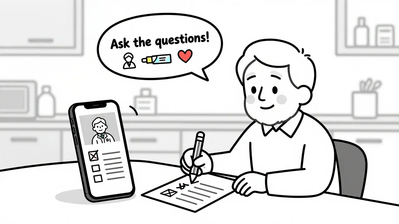 Older adult crossing out duplicate pills on a list at home, with a phone showing the same list and a speech bubble saying 'Ask the questions!'