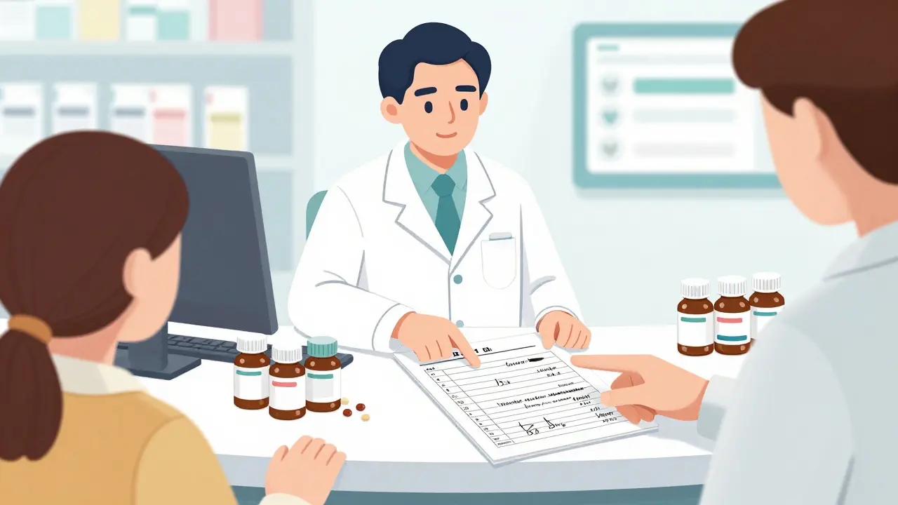 Pharmacist reviewing a detailed handwritten medication list at the counter, surrounded by pill bottles from multiple conditions.