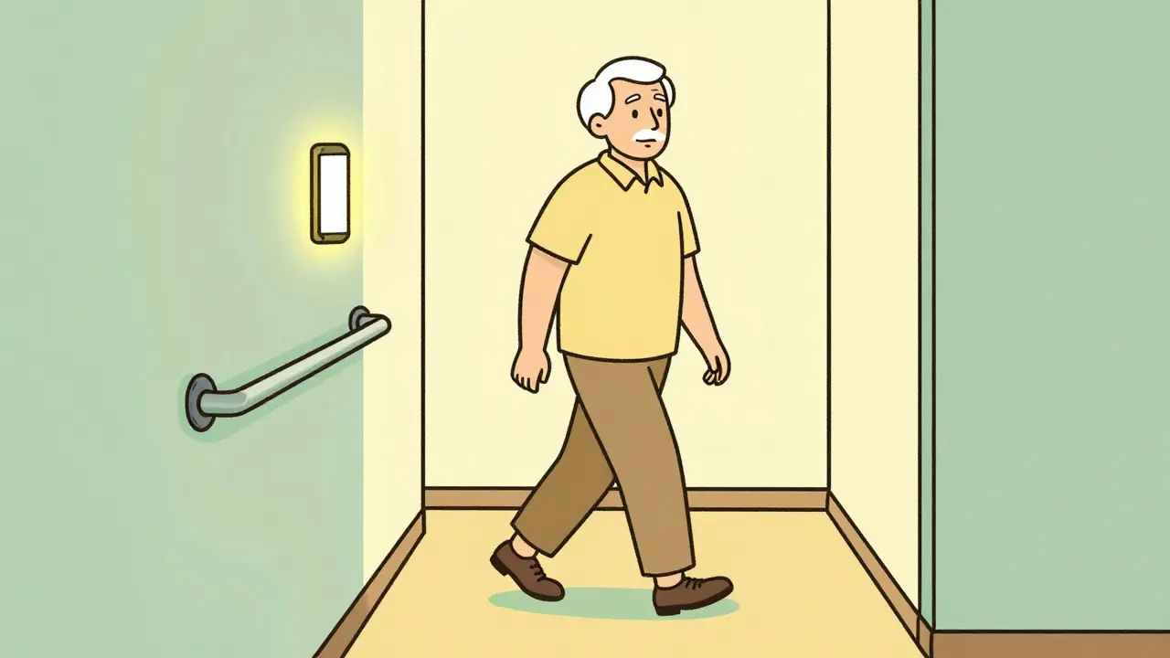 Senior walking safely in home with grab bars.