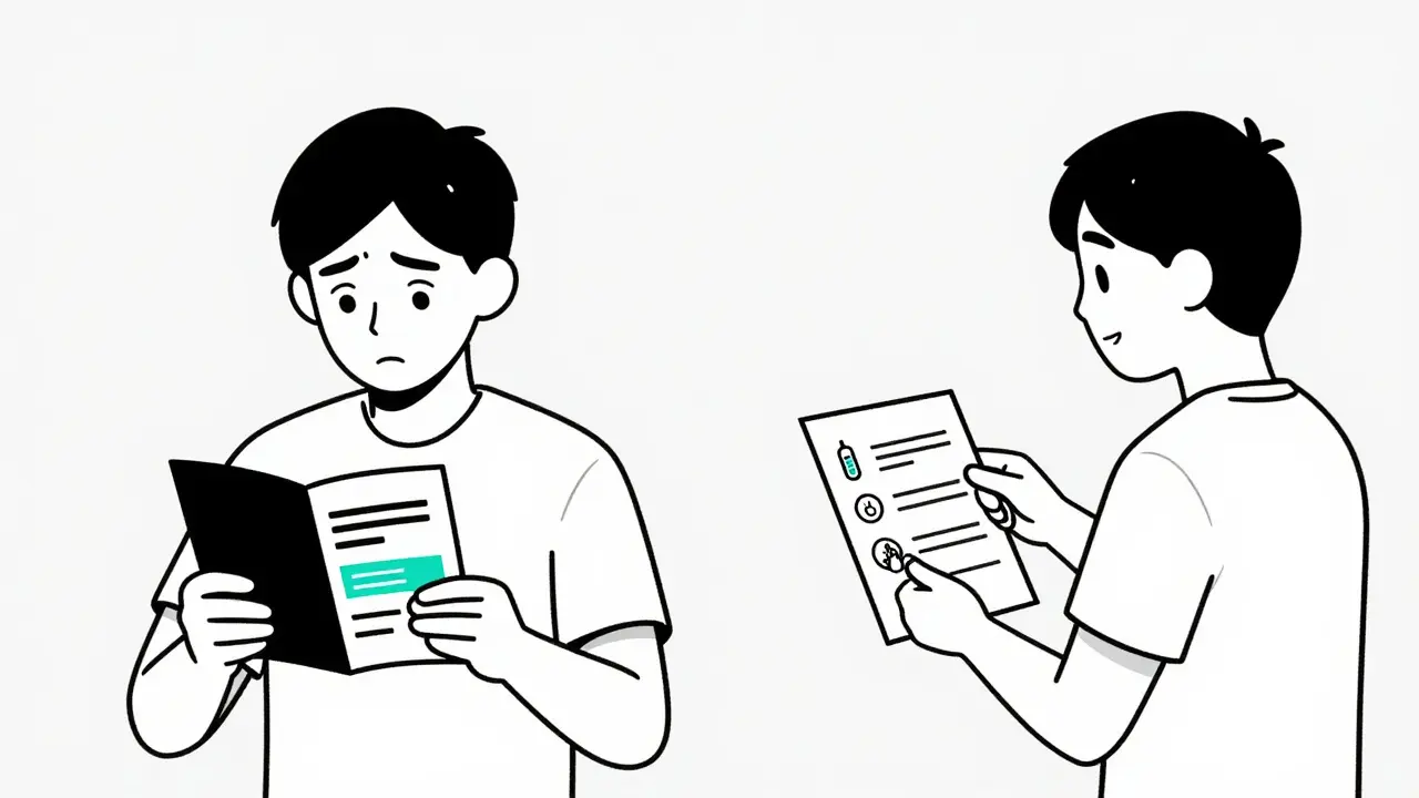 Split scene: patient anxious about medication vs. same person calmly understanding risks with pharmacist.
