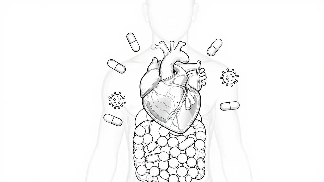 Transparent torso showing heart protected by pills in line art.