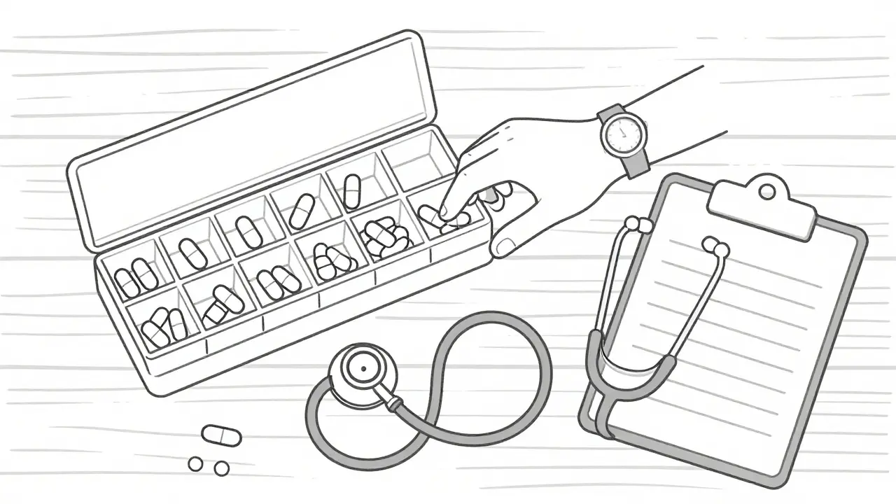 Weekly pill organizer and stethoscope on desk in simple illustration.