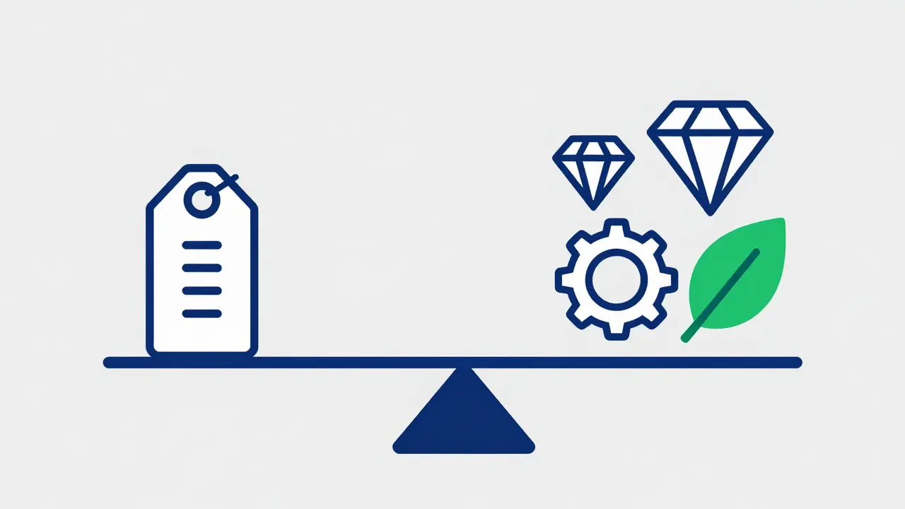 A balance scale weighing a price tag against quality, technical, and sustainability icons.