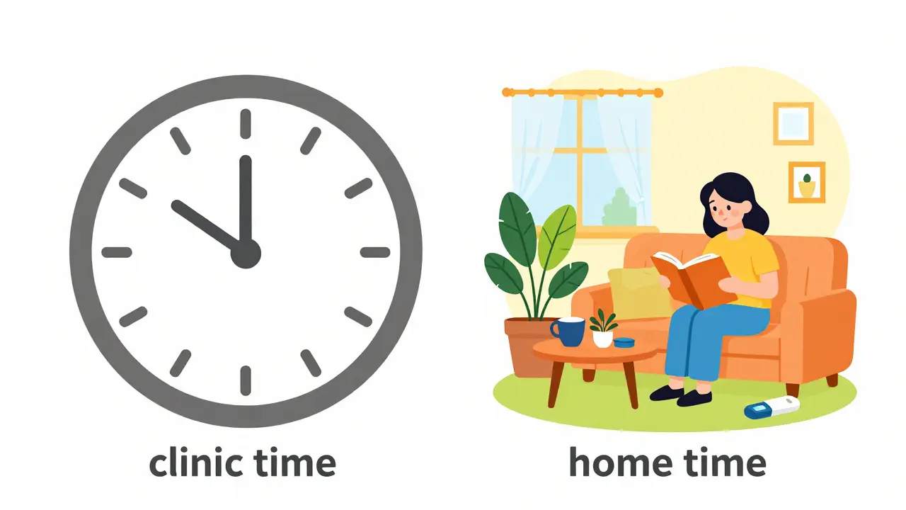 A conceptual image comparing time spent at a clinic versus time regained at home.