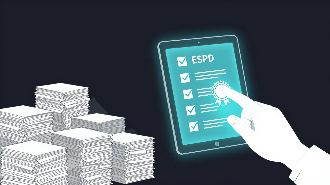 A digital interface replacing a stack of paperwork to symbolize electronic procurement.