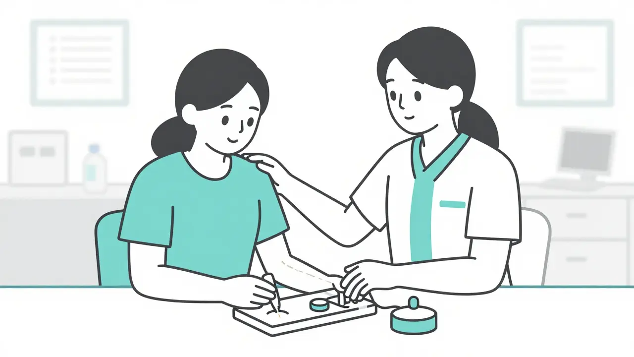 A patient and a care partner practicing dialysis skills together during training.