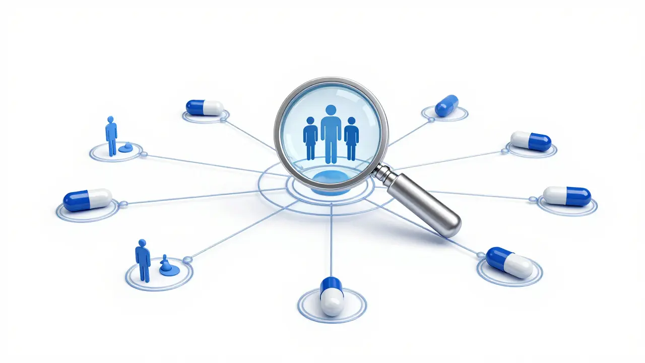 Conceptual network showing patient data flowing into a medical safety monitoring system