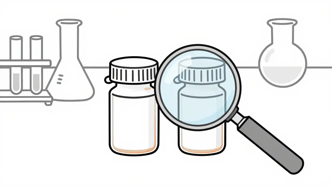 Laboratory scientists examining matching medicine bottles under magnification